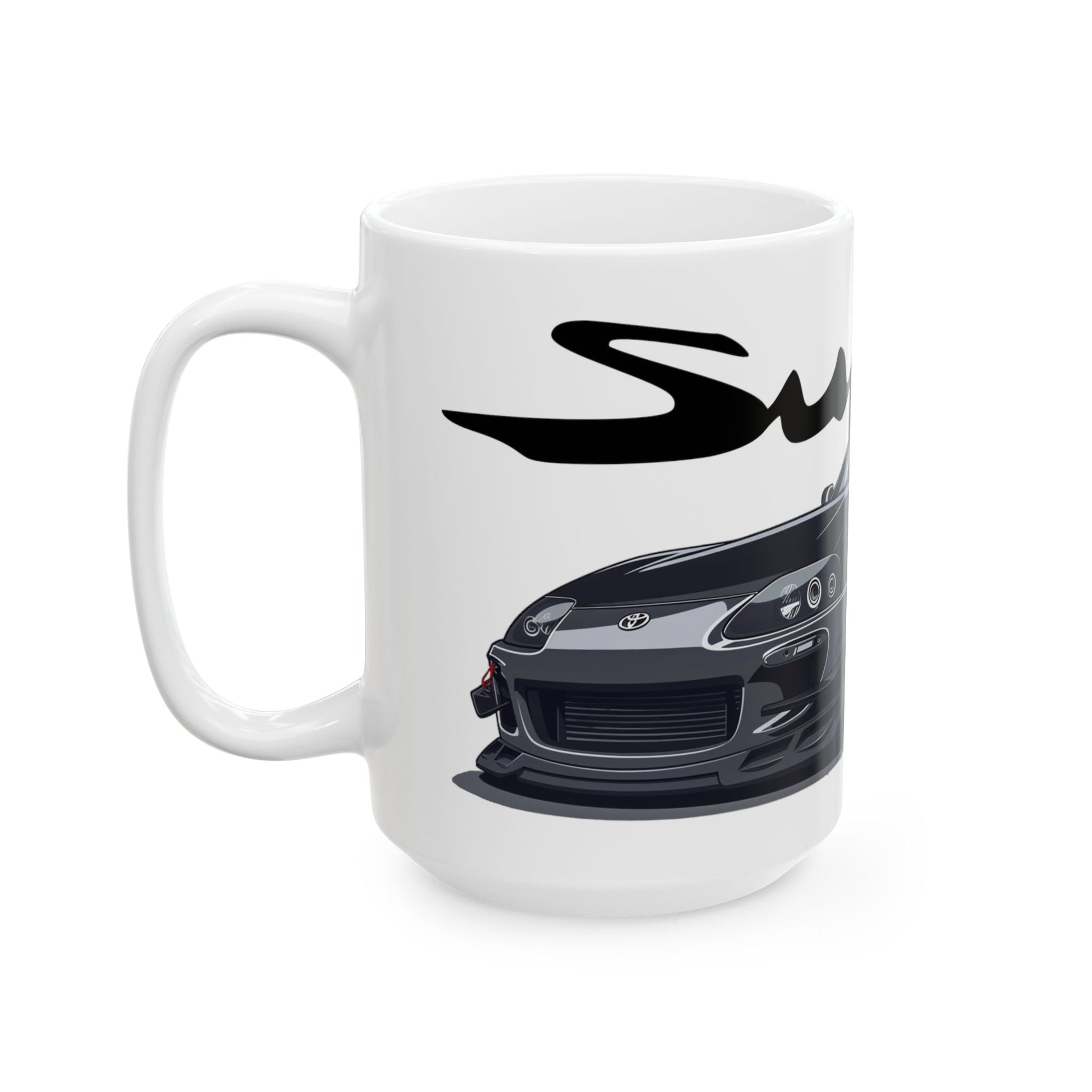 Left side view of the 15oz White Coffee Mug with a 4th Generation Toyota Supra with the Supra emblem placed behind the car. 