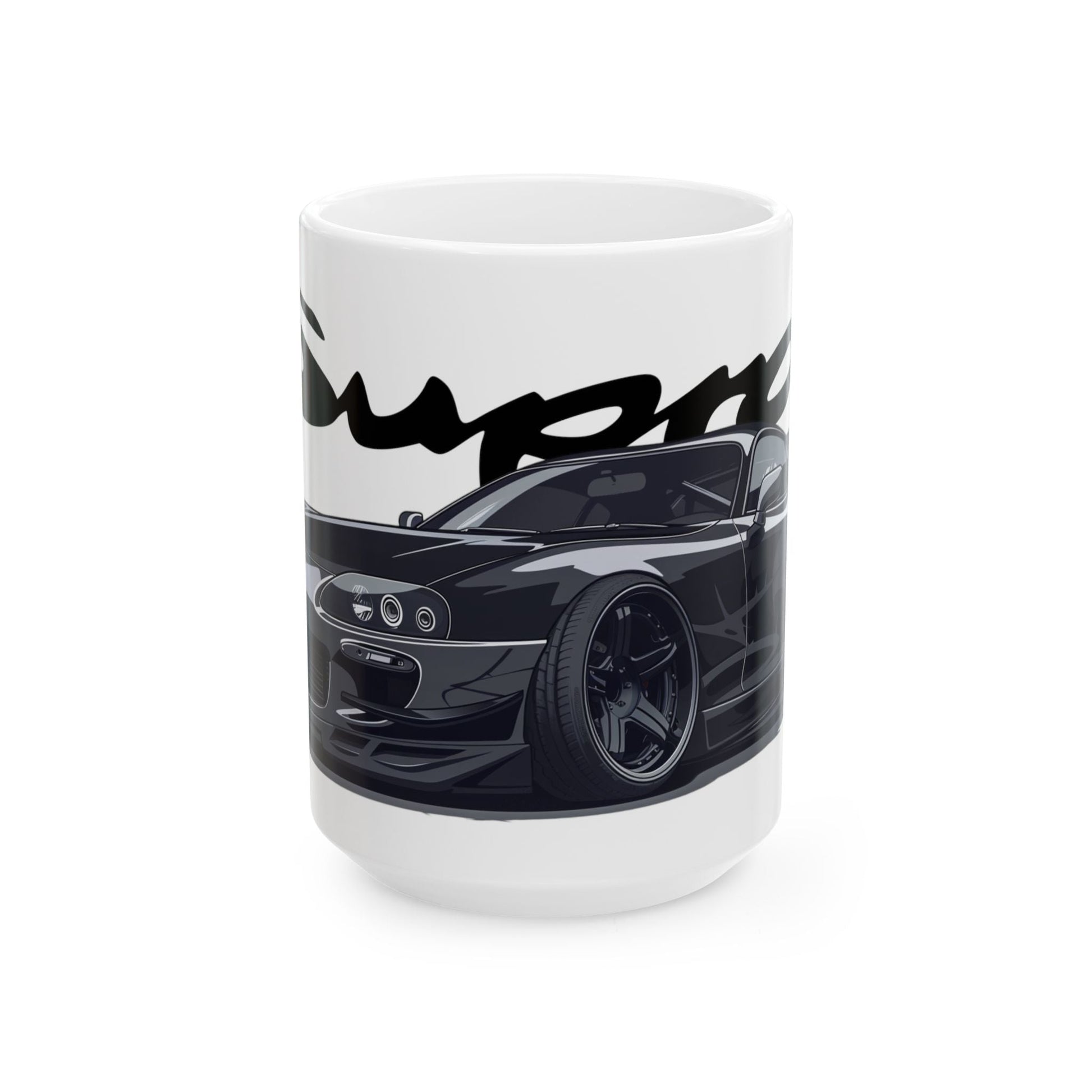 15oz White Coffee Mug with a 4th Generation Toyota Supra with the Supra emblem placed behind the car.   