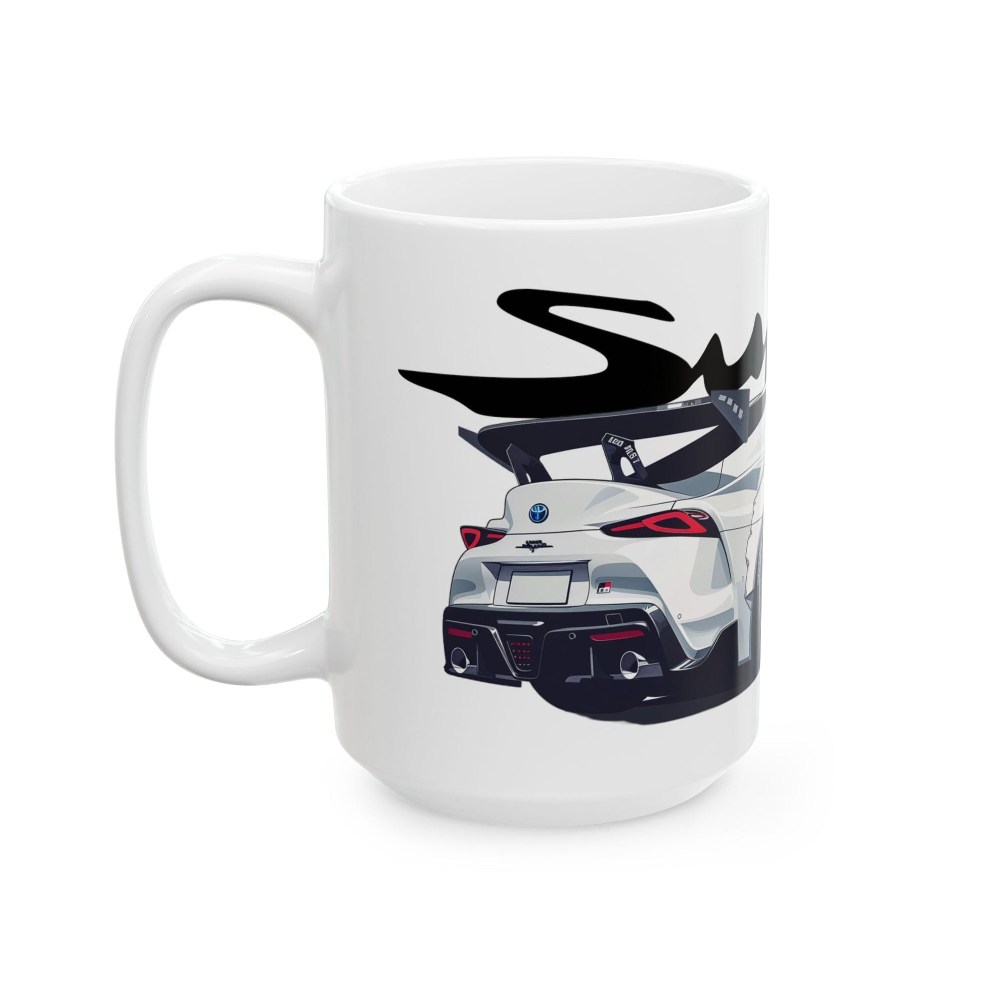 Left side view of the 15oz White Coffee Mug with a 5th Generation Toyota Supra with the Supra emblem placed behind the car. 