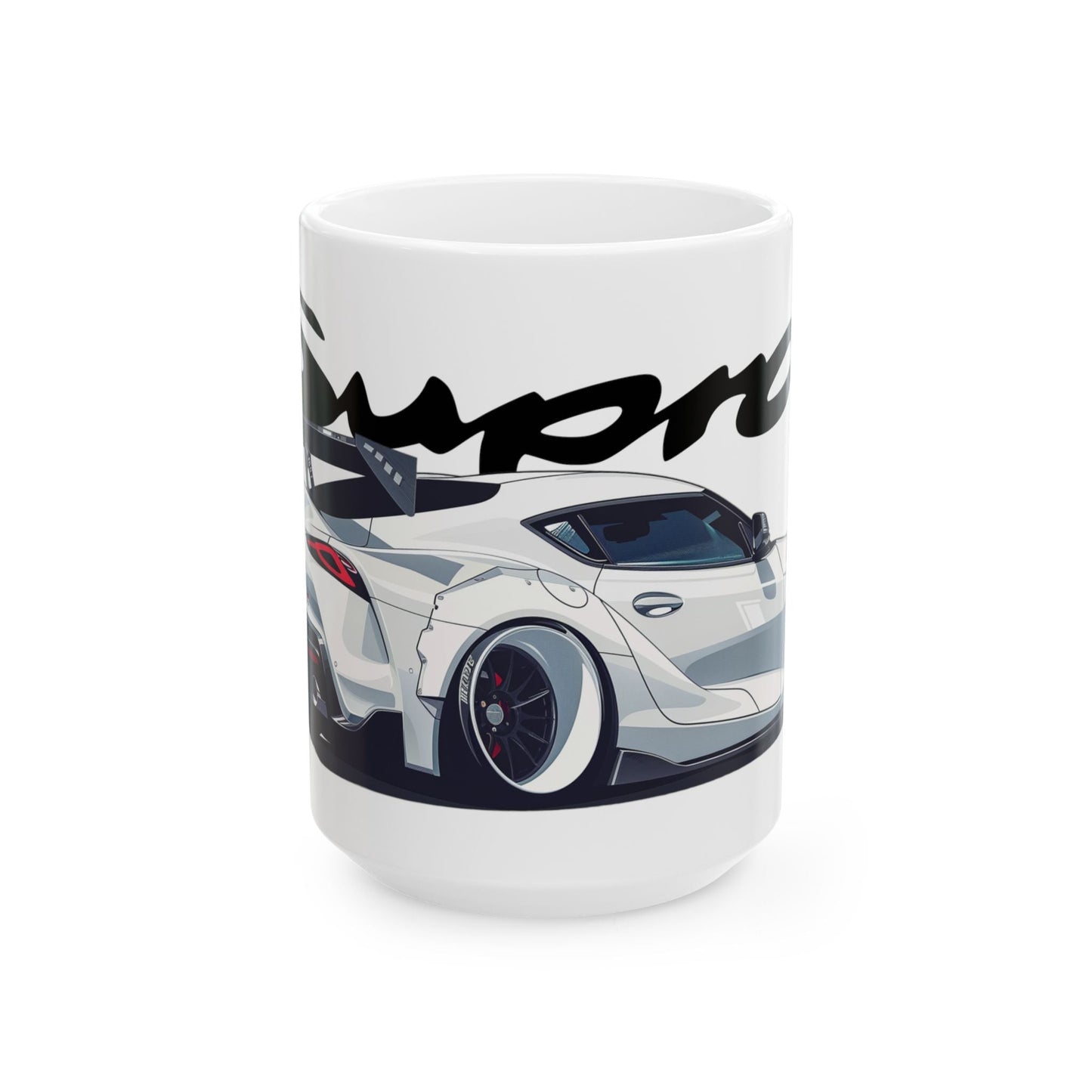 15oz White Coffee Mug with a 5th Generation Toyota Supra with the Supra emblem placed behind the car.   