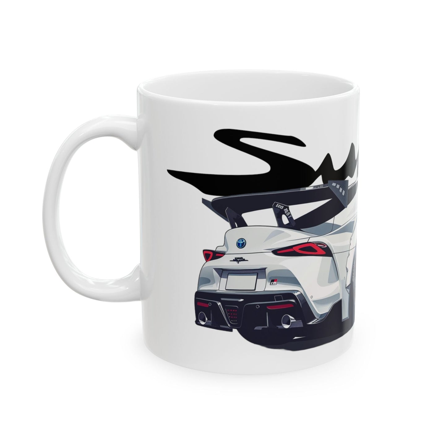 Left view of 11oz White Coffee Mug with a 5th Generation Toyota Supra with the Supra emblem placed behind the car.  