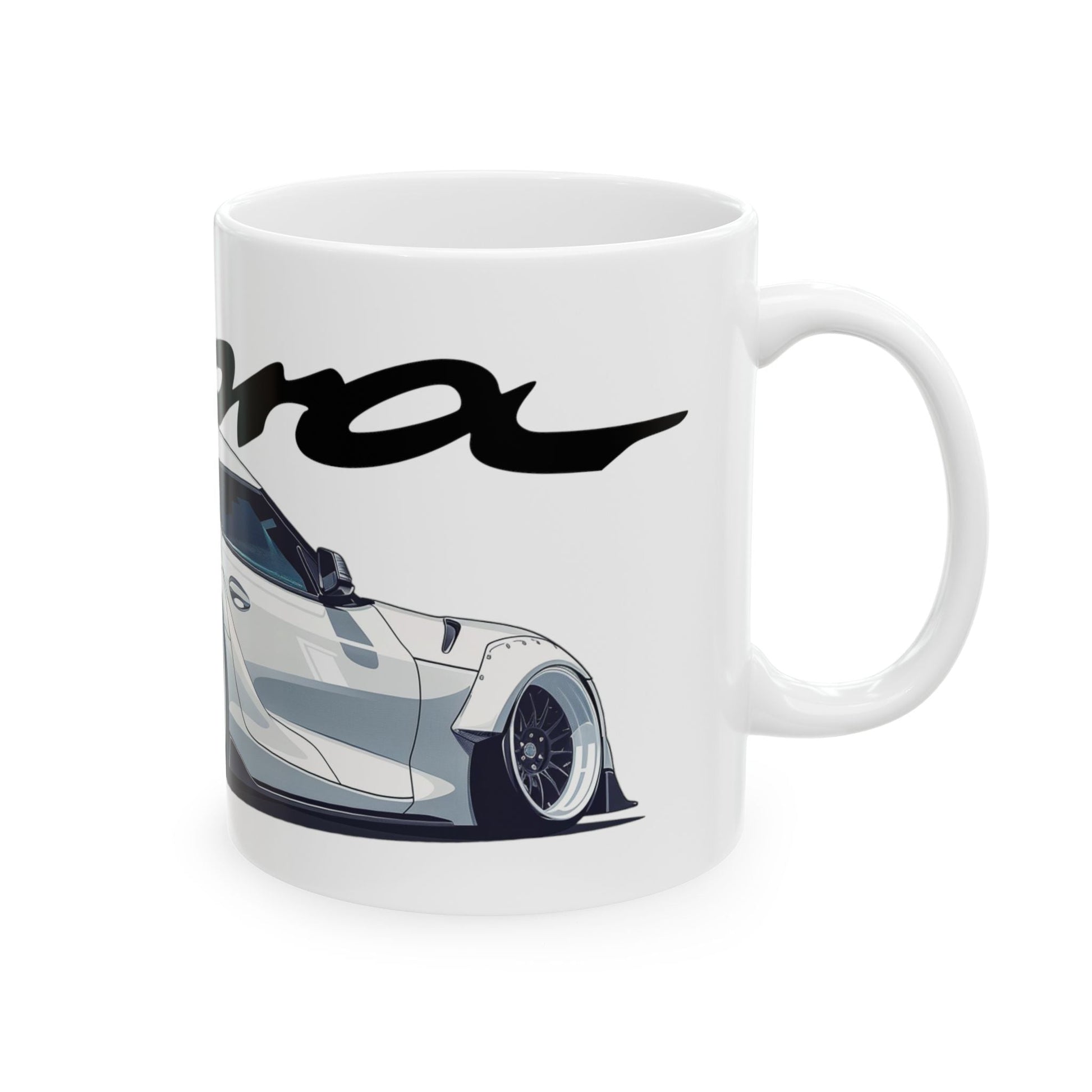 Right view of the 11oz White Coffee Mug with a 5th Generation Toyota Supra with the Supra emblem placed behind the car. 