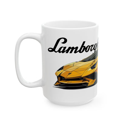 Left side view of the 15oz White Coffee Mug with a Lamborghini Aventador with the Lamborghini emblem placed behind the car. 