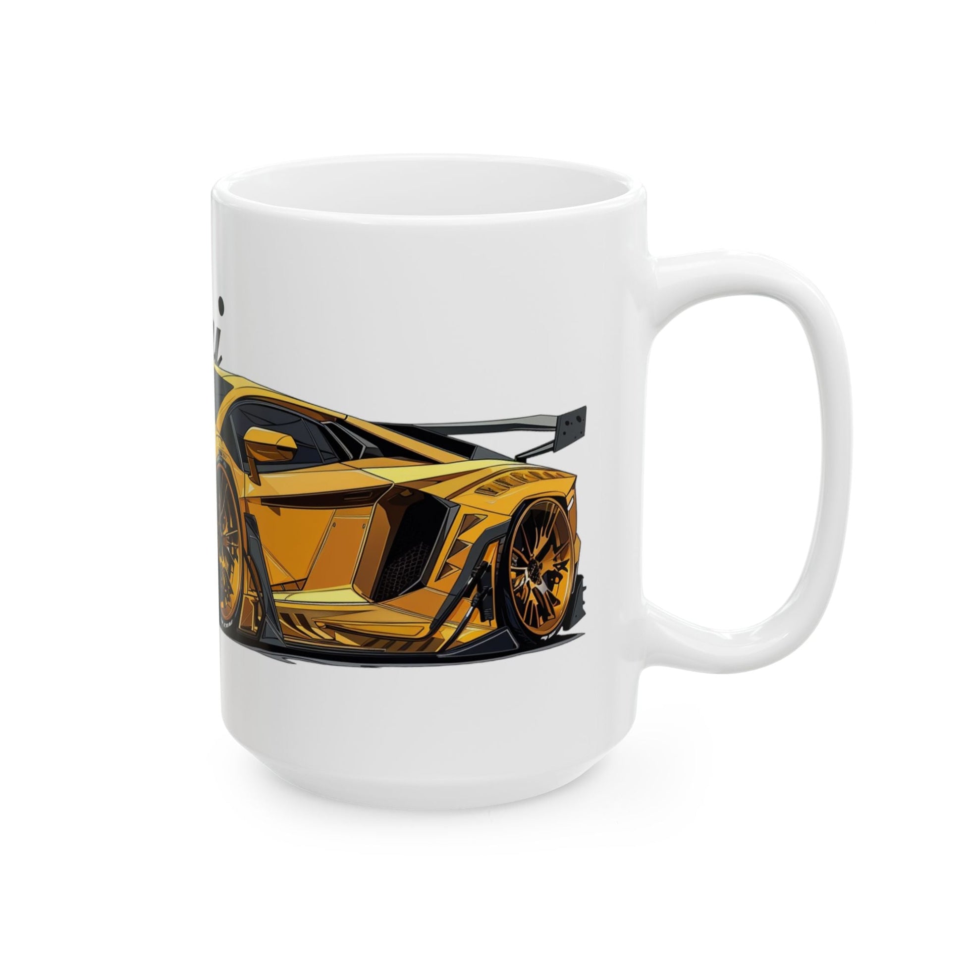 Right side view of the 15oz White Coffee Mug with a Lamborghini Aventador with the Lamborghini emblem placed behind the car. 