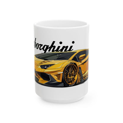 15oz White Coffee Mug with a Lamborghini Aventador with the Lamborghini emblem placed behind the car.   