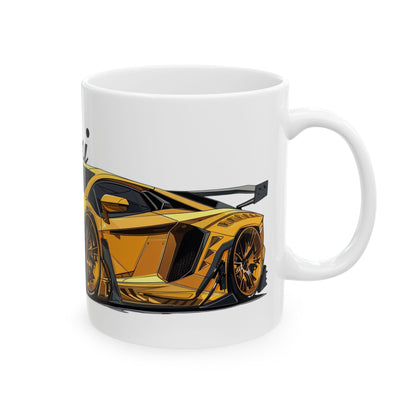 Right view of the 11oz White Coffee Mug with a Lamborghini Aventador with the Lamborghini emblem placed behind the car. 