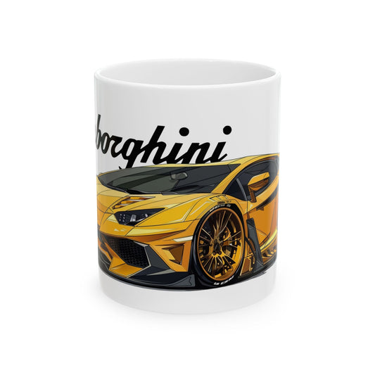 11oz White Coffee Mug with a Lamborghini Aventador with the Lamborghini emblem placed behind the car. 