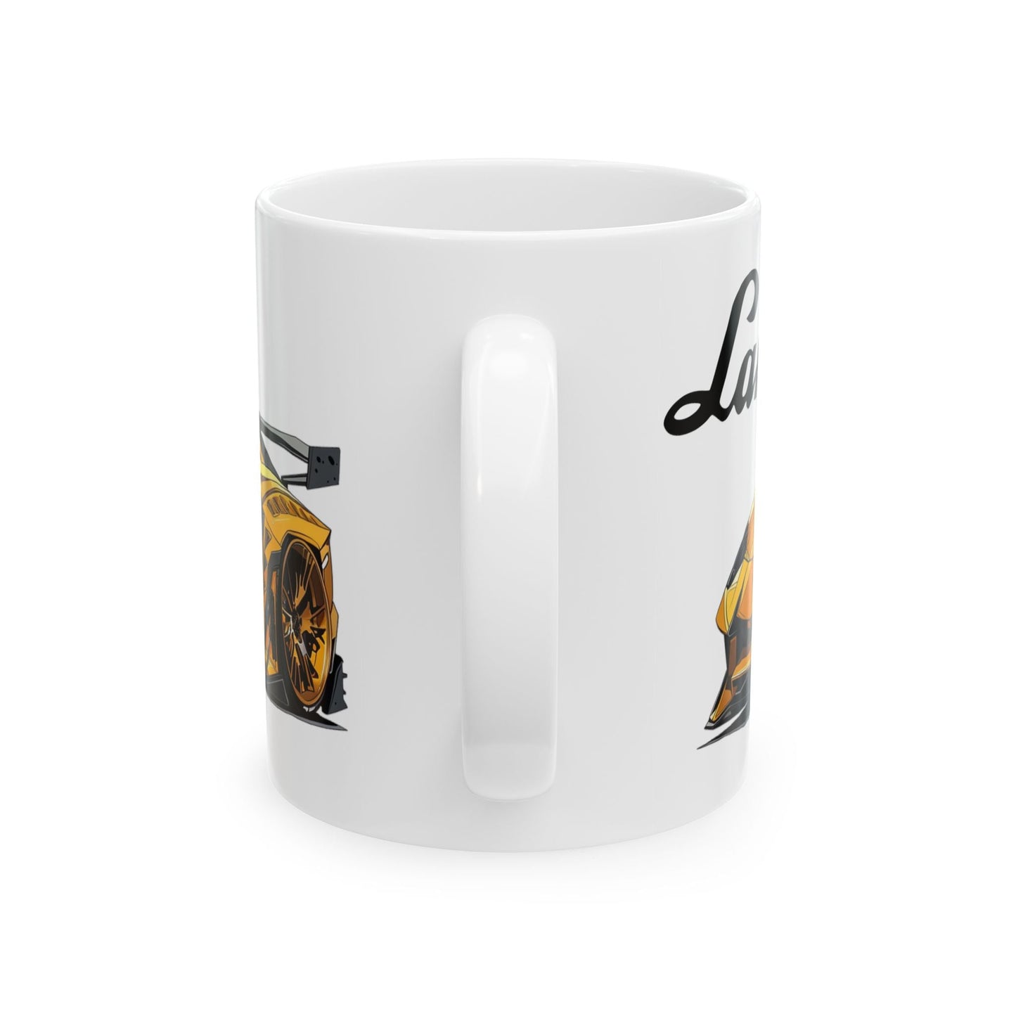 Mug handle view of 11oz White Coffee Mug with a Lamborghini Aventador with the Lamborghini emblem placed behind the car. 