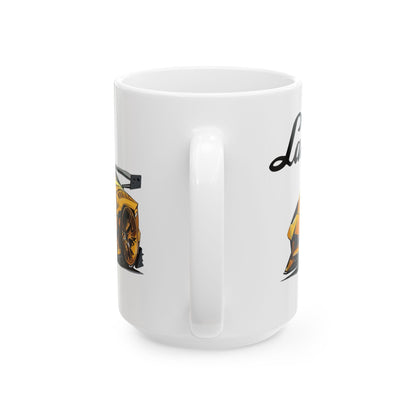 Mug handle view of 15oz White Coffee Mug with a Lamborghini Aventador with the Lamborghini emblem placed behind the car. 