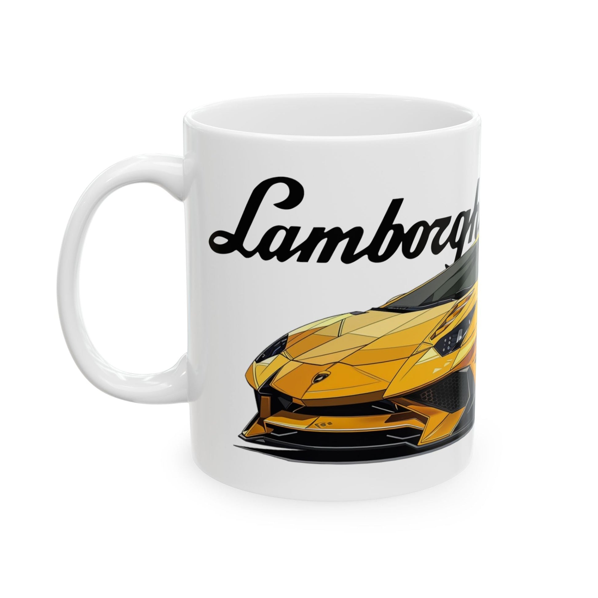 Left view of 11oz White Coffee Mug with a Lamborghini Aventador with the Lamborghini emblem placed behind the car.  