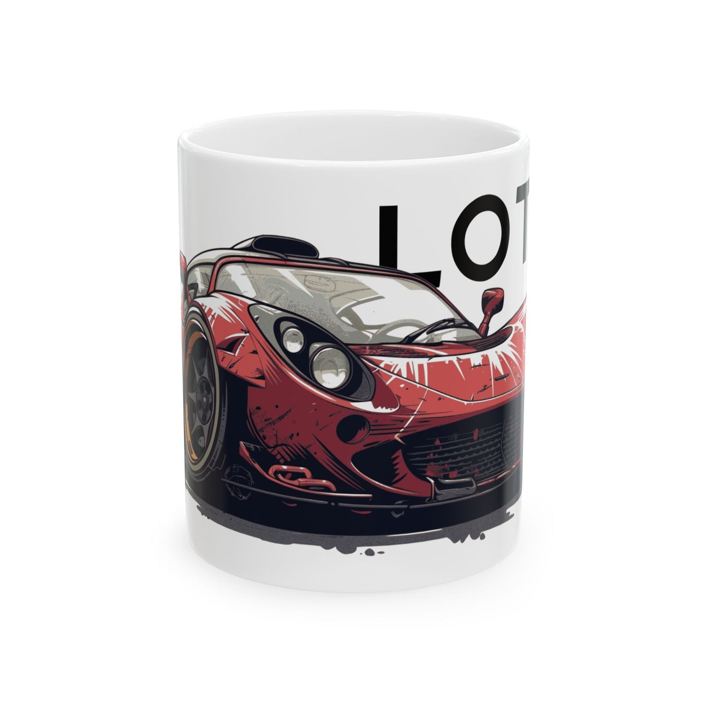 11oz White Coffee Mug with a Lotus Elise with the LOTUS emblem placed behind the car. 