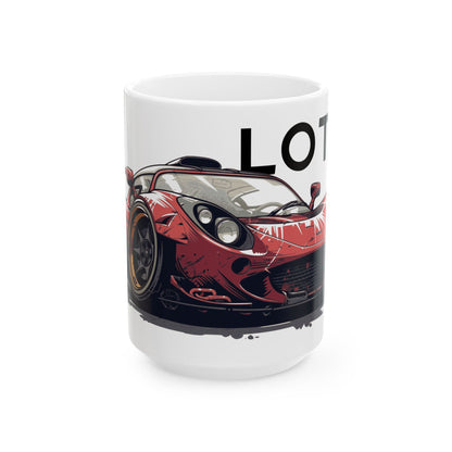 15oz White Coffee Mug with a Lotus Elise with the LOTUS emblem placed behind the car.  