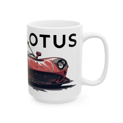 Left side view of the 15oz White Coffee Mug with a Lotus Elise with the LOTUS emblem placed behind the car. 