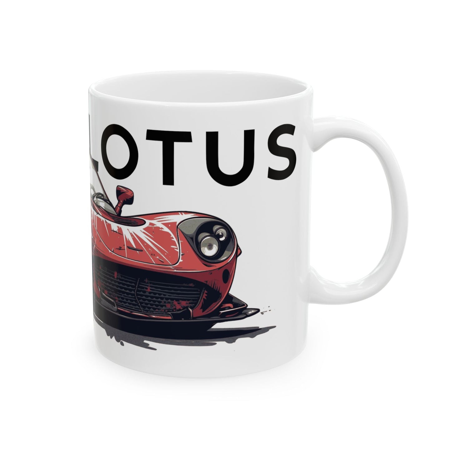 Right view of the 11oz White Coffee Mug with a Lotus Elise with the LOTUS emblem placed behind the car. 