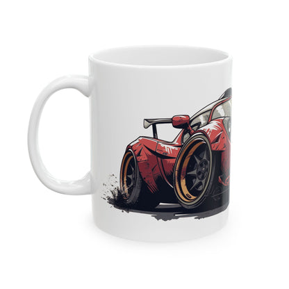 Left view of 11oz White Coffee Mug with a Lotus Elise with the LOTUS emblem placed behind the car.  