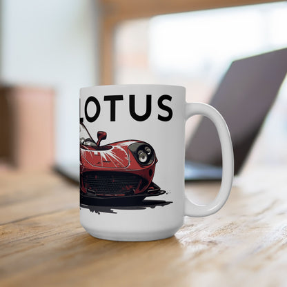 Lifestyle view of the 15oz White Coffee Mug with a Lotus Elise with the LOTUS emblem placed behind the car.  