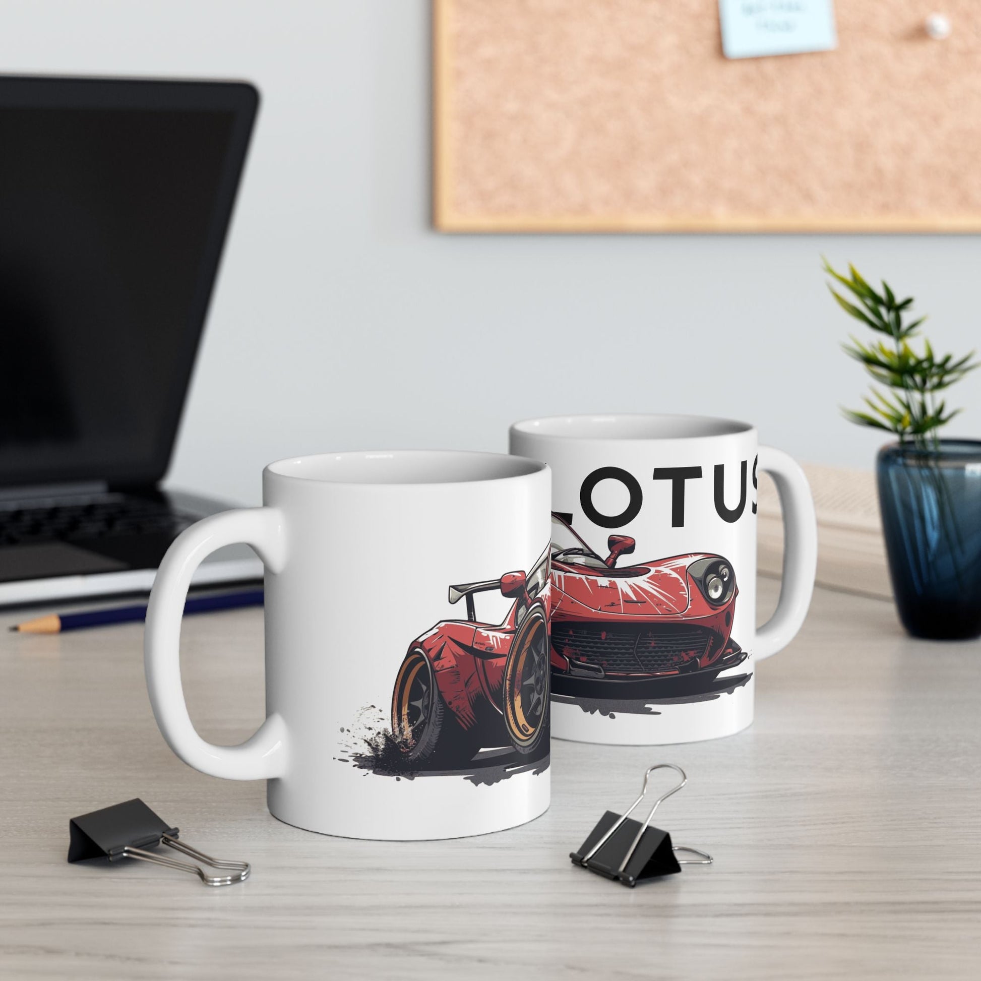 2 mug view of the 11oz White Coffee Mug with a Lotus Elise with the LOTUS emblem placed behind the car. 