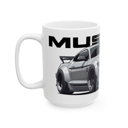 Left side view of the 15oz White Coffee Mug with a Mustang Shelby GT-500 with the Mustang emblem placed behind the car. 