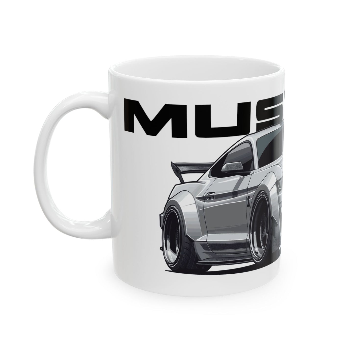 Left view of 11oz White Coffee Mug with a Mustang Shelby GT-500 with the Mustang emblem placed behind the car.  