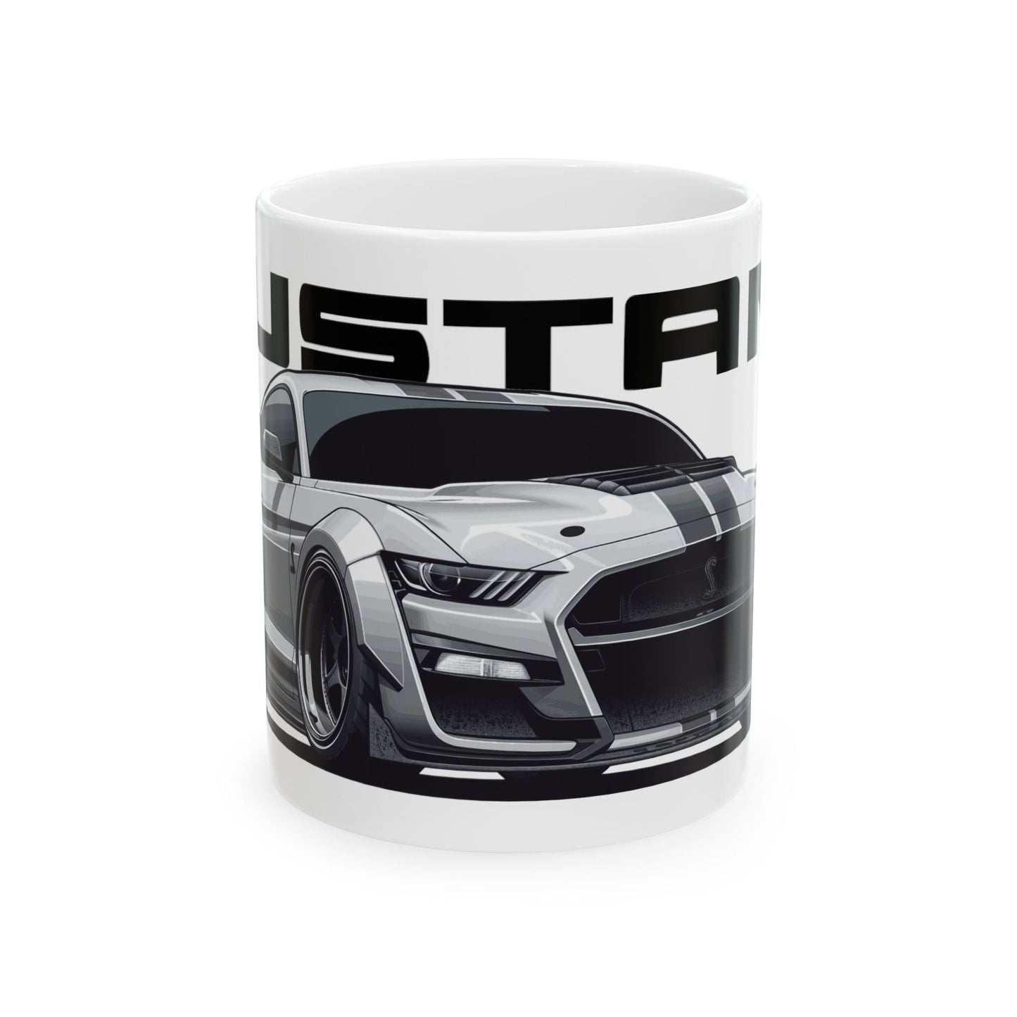 11oz White Coffee Mug with a Mustang Shelby GT-500 with the Mustang emblem placed behind the car. 