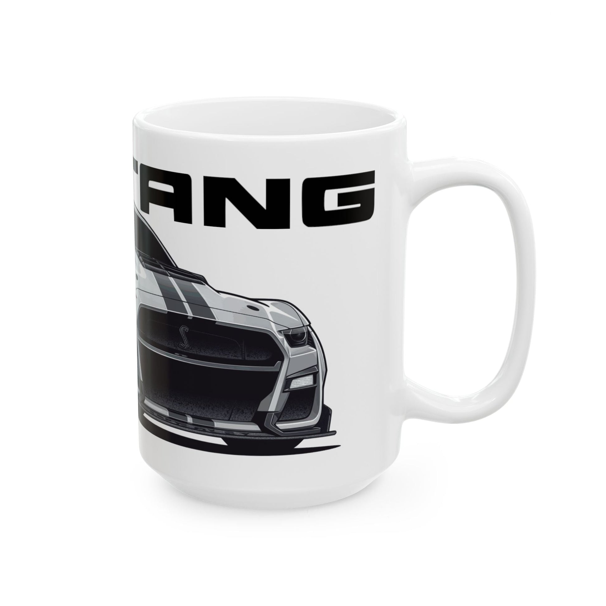 Right side view of the 15oz White Coffee Mug with a Mustang Shelby GT-500 with the Mustang emblem placed behind the car. 