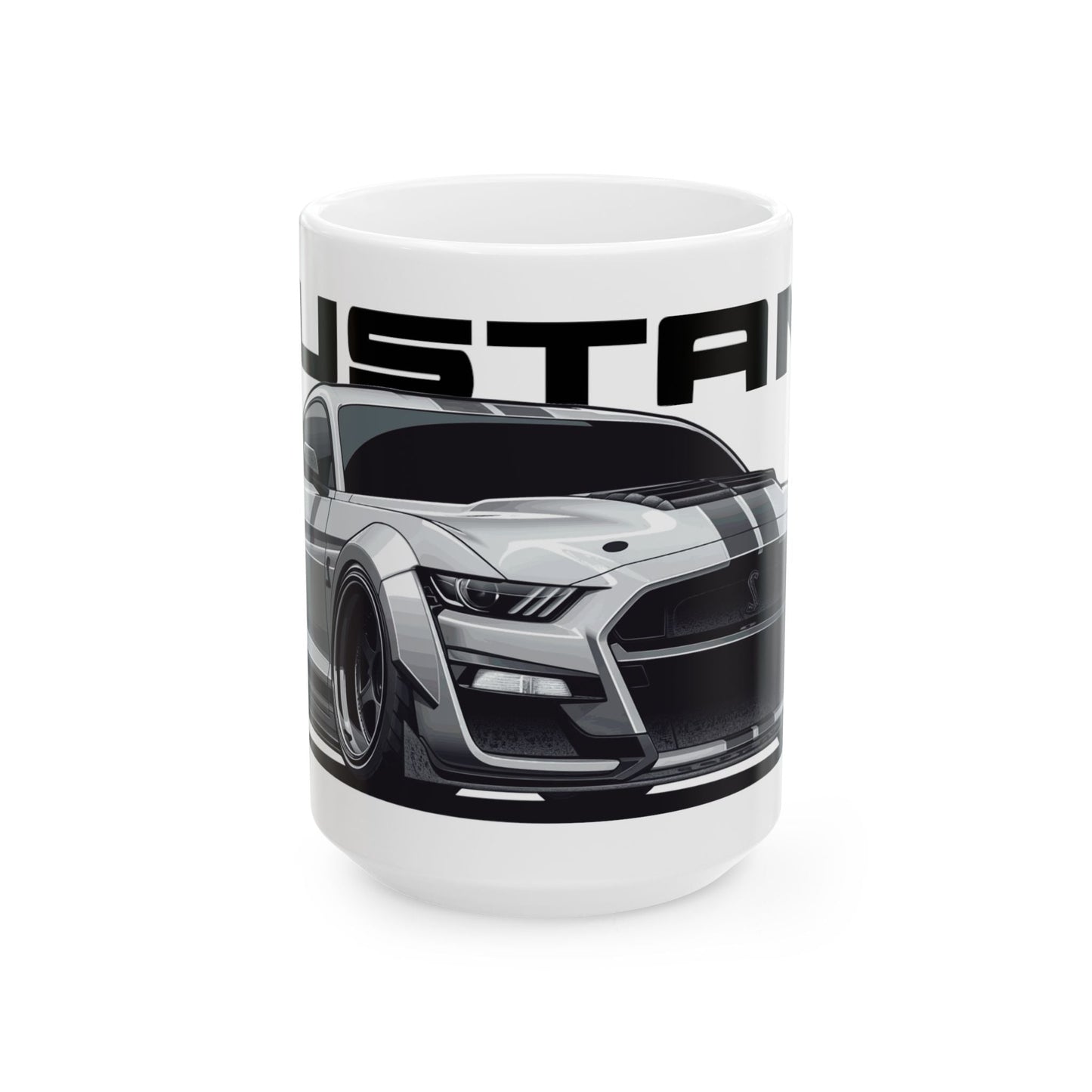 15oz White Coffee Mug with a Mustang Shelby GT-500 with the Mustang emblem placed behind the car.   