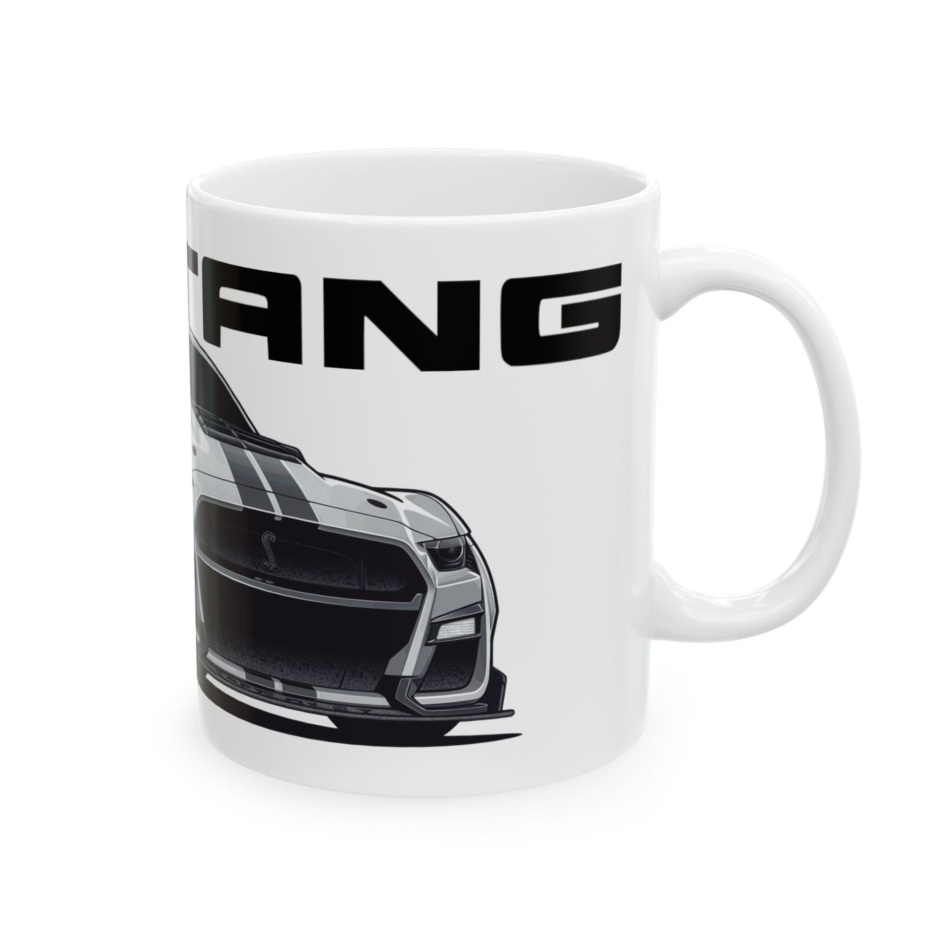 Right view of the 11oz White Coffee Mug with a Mustang Shelby GT-500 with the Mustang emblem placed behind the car. 