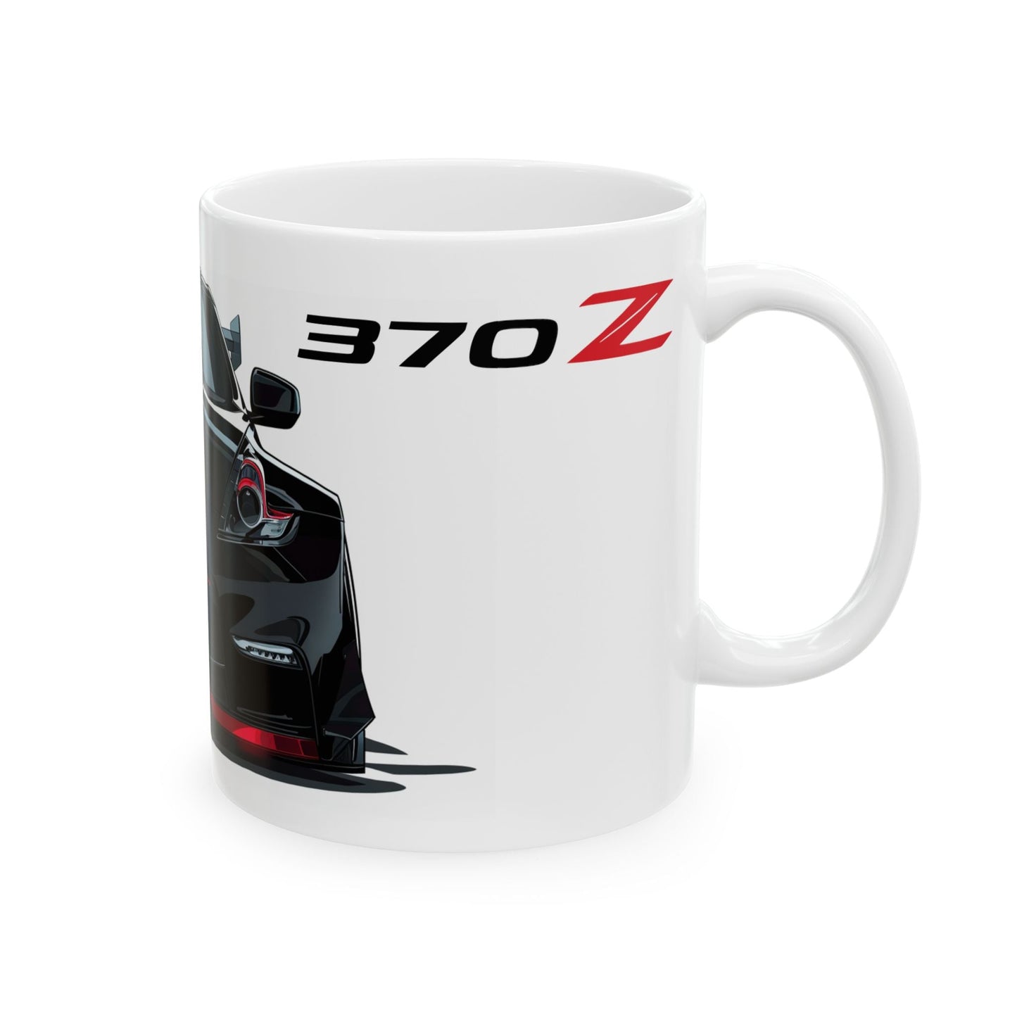 Right view of the 11oz White Coffee Mug with a Nissan 370z with the 370z emblem placed behind the car. 