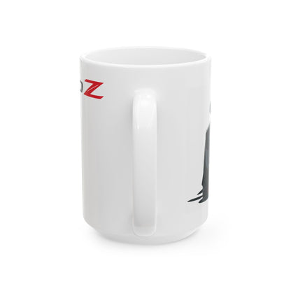 Mug handle view of 15oz White Coffee Mug with a Nissan 370z with the 370z emblem placed behind the car. 