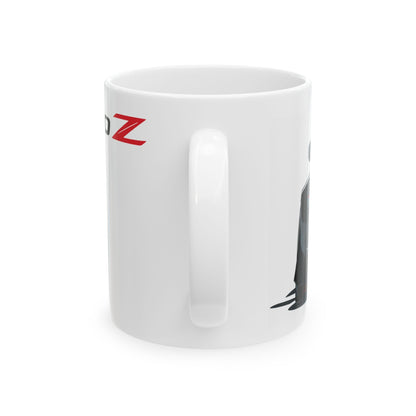 Mug handle view of 11oz White Coffee Mug with a Nissan 370z with the 370z emblem placed behind the car. 