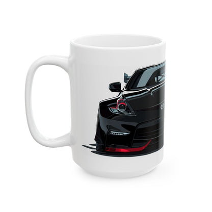 Left side view of the 15oz White Coffee Mug with a Nissan 370z with the 370z emblem placed behind the car. 