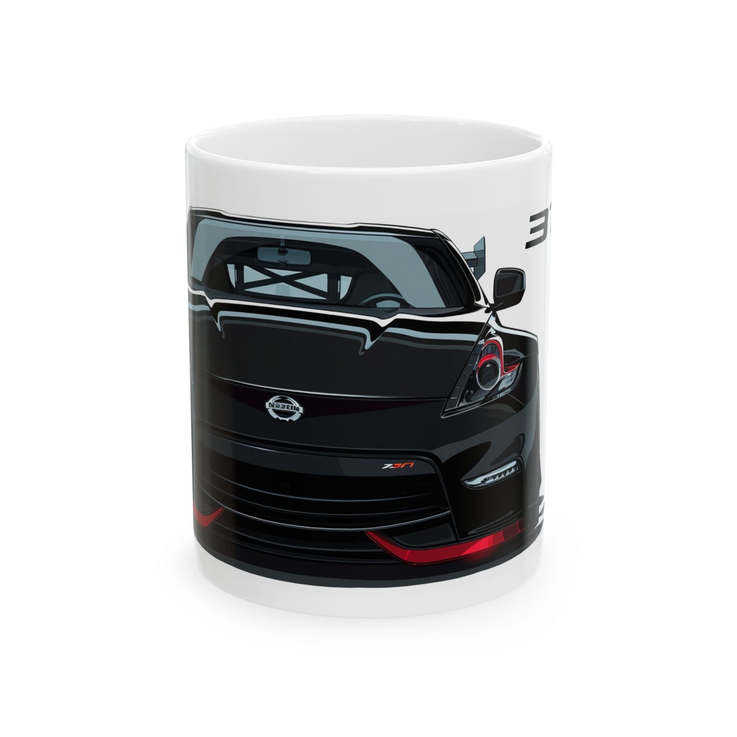 11oz White Coffee Mug with a Nissan 370z with the 370z emblem placed behind the car. 