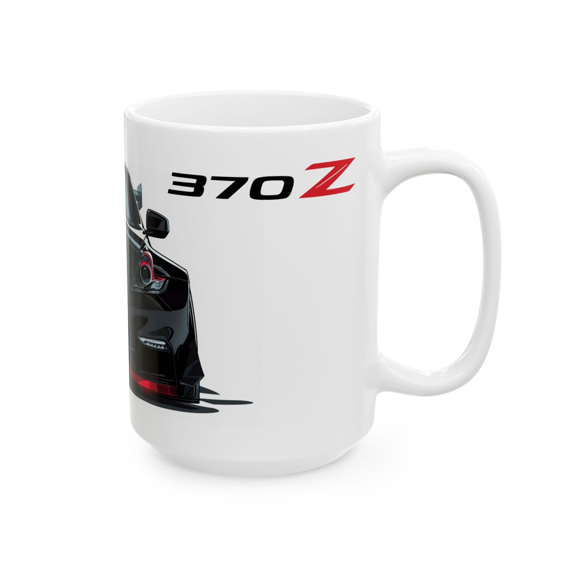 Right side view of the 15oz White Coffee Mug with a Nissan 370z with the 370z emblem placed behind the car. 