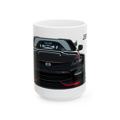 15oz White Coffee Mug with a Nissan 370z with the 370z emblem placed behind the car.   