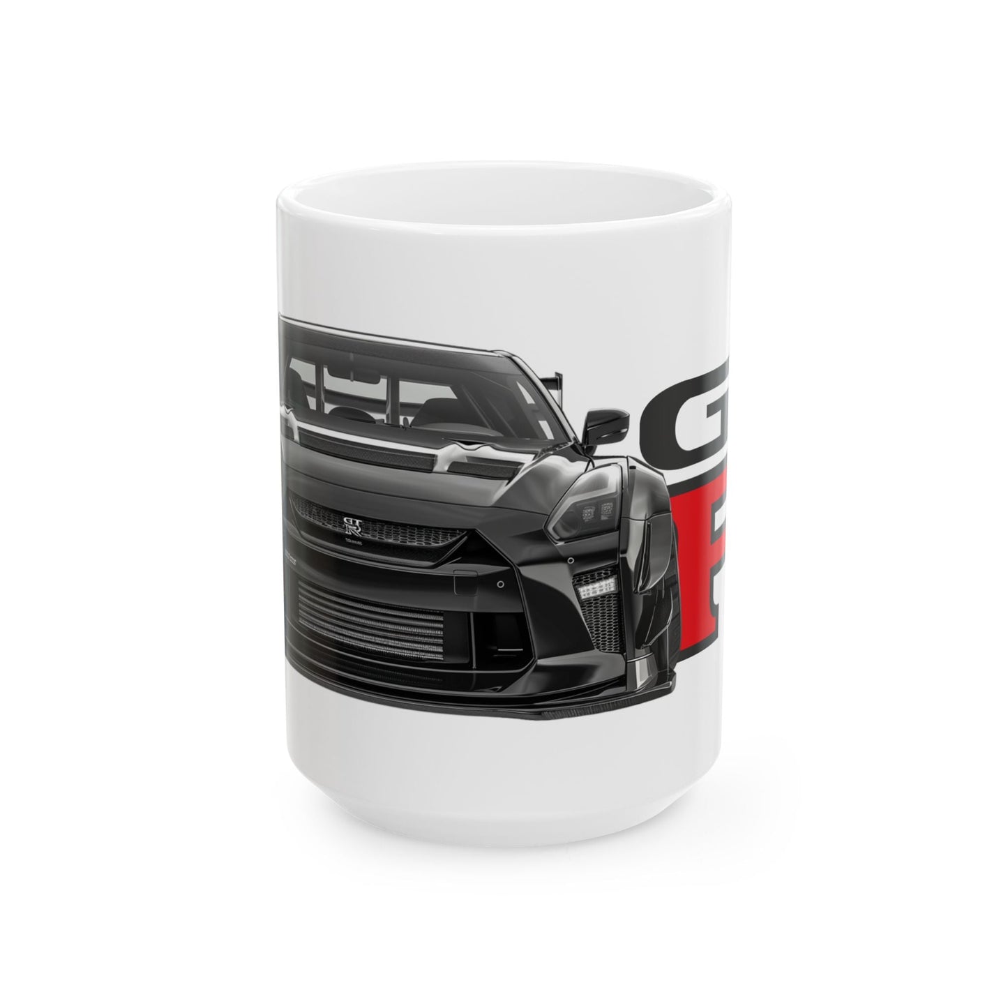 15oz White Coffee Mug with a Nissan GTR with the GTR emblem placed behind the car.   