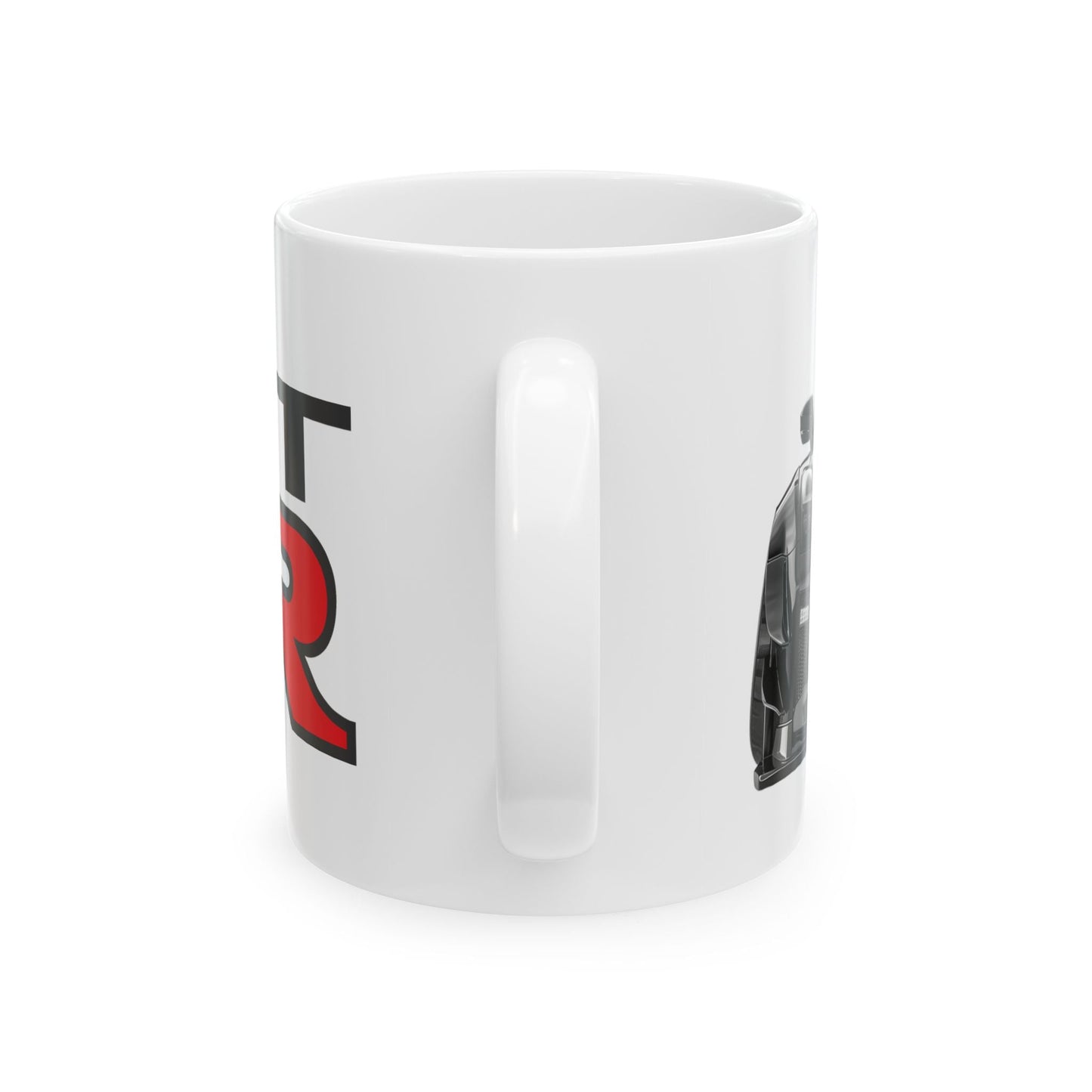 Mug handle view of 11oz White Coffee Mug with a Nissan GTR with the GTR emblem placed behind the car. 