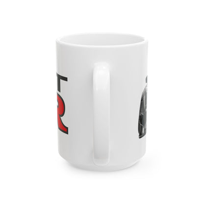 Mug handle view of 15oz White Coffee Mug with a Nissan GTR with the GTR emblem placed behind the car. 