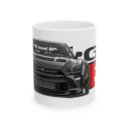 11oz White Coffee Mug with a Nissan GTR with the GTR emblem placed behind the car. 