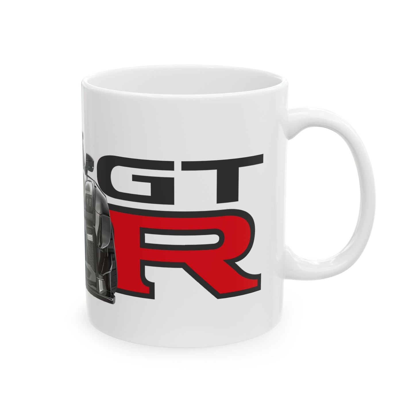 Right view of the 11oz White Coffee Mug with a Nissan GTR with the GTR emblem placed behind the car. 