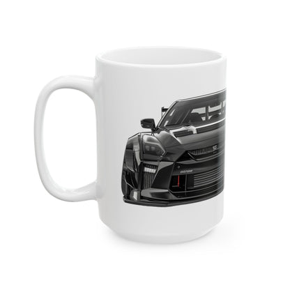 Left side view of the 15oz White Coffee Mug with a Nissan GTR with the GTR emblem placed behind the car. 