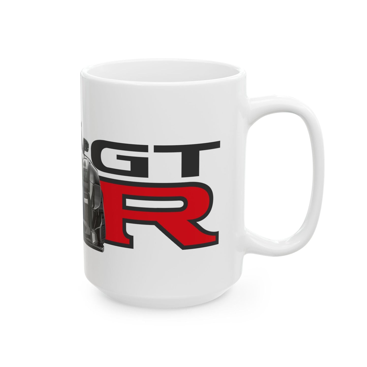 Right side view of the 15oz White Coffee Mug with a Nissan GTR with the GTR emblem placed behind the car. 