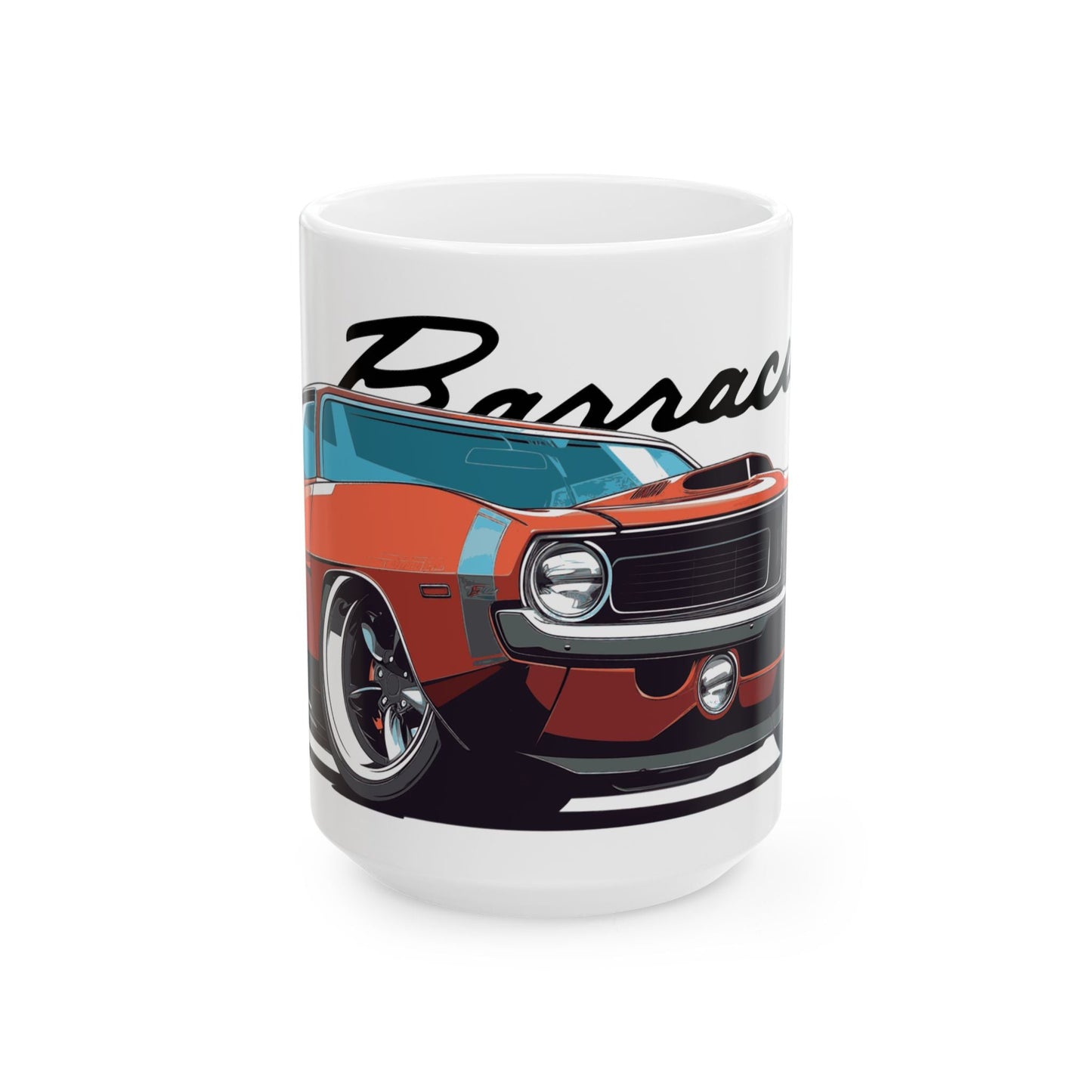 15oz White Coffee Mug with a Plymouth Barracuda with the Barracuda emblem placed behind the car.  