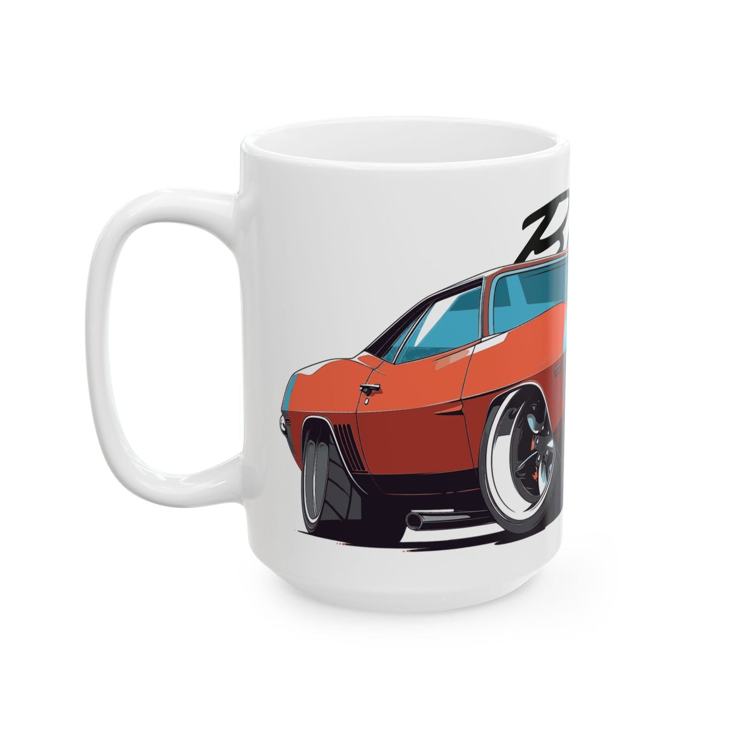 Left side view of the 15oz White Coffee Mug with a Plymouth Barracuda with the Barracuda emblem placed behind the car. 