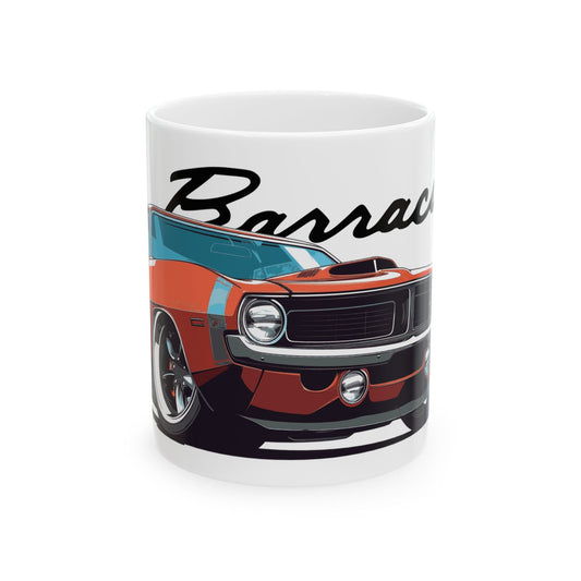 11oz White Coffee Mug with a Plymouth Barracuda with the Barracuda emblem placed behind the car. 