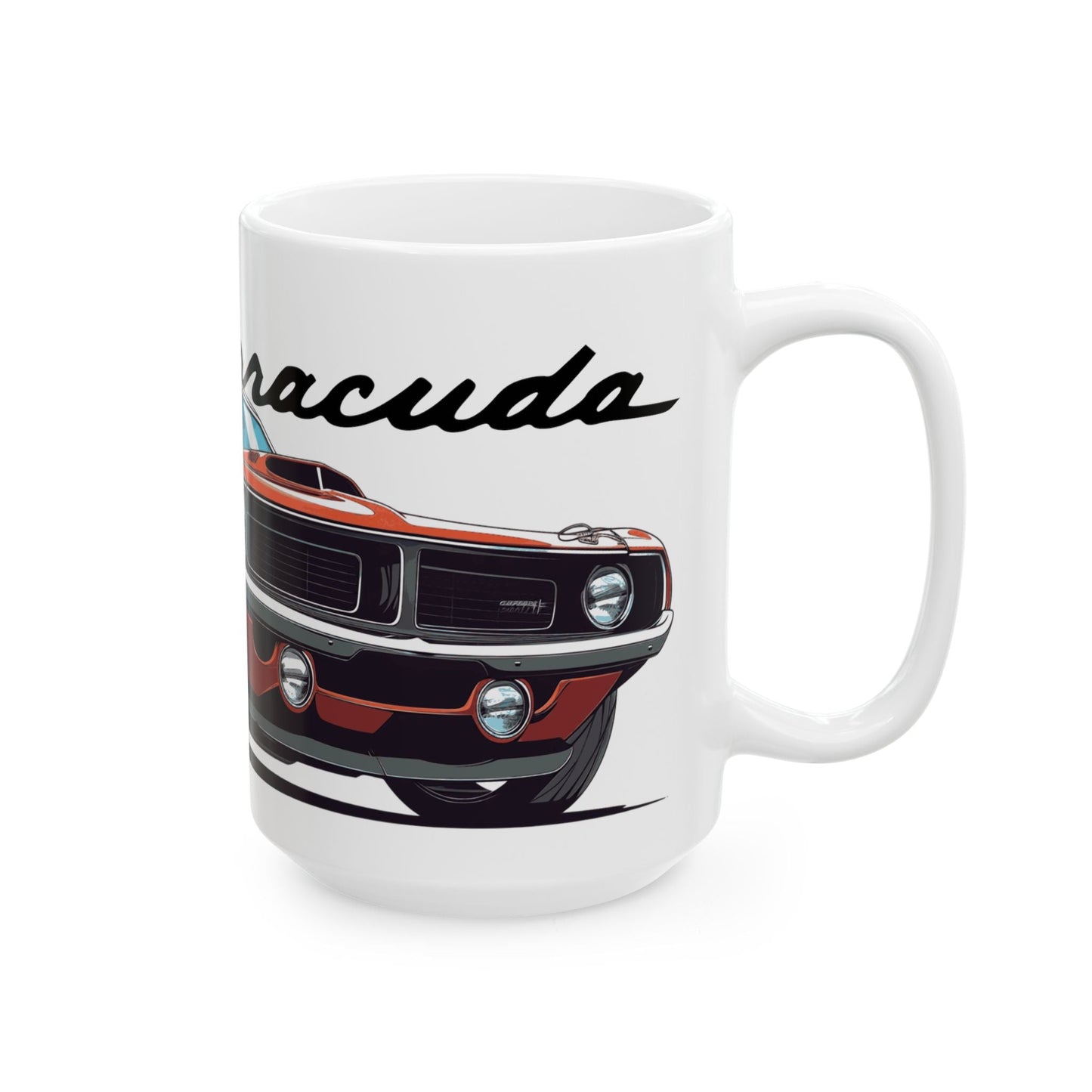 Right side view of the 15oz White Coffee Mug with a Plymouth Barracuda with the Barracuda emblem placed behind the car. 