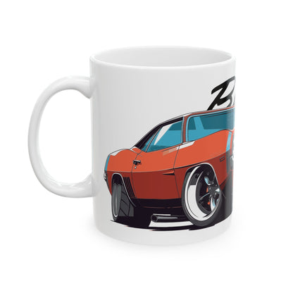 Left view of 11oz White Coffee Mug with a Plymouth Barracuda with the Barracuda emblem placed behind the car. 