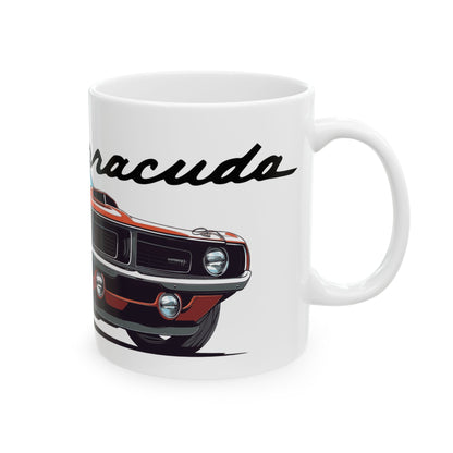 Right view of the 11oz White Coffee Mug with a Plymouth Barracuda with the Barracuda emblem placed behind the car. 