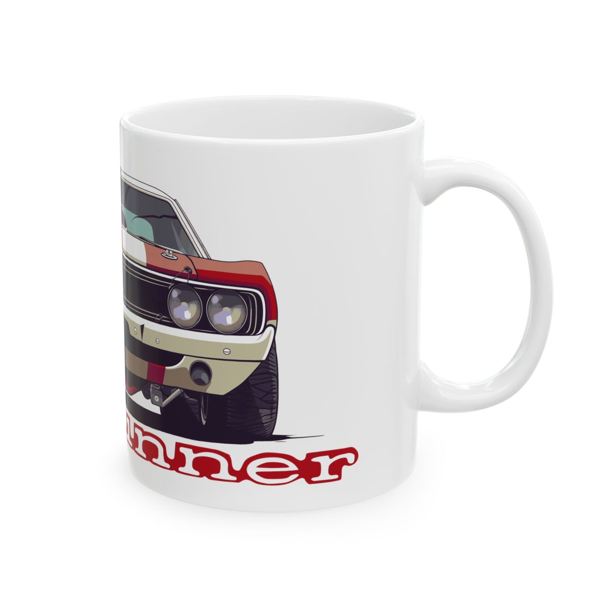 Right view of the 11oz White Coffee Mug with a Plymouth Roadrunner with the Roadrunner emblem placed under the car.