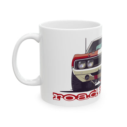 Left view of 11oz White Coffee Mug with a Plymouth Roadrunner with the Roadrunner emblem placed under the car.  