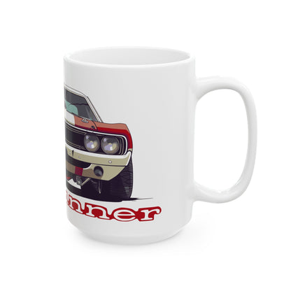 Right side view of the 15oz White Coffee Mug with a Plymouth Roadrunner with the Roadrunner emblem placed under the car.